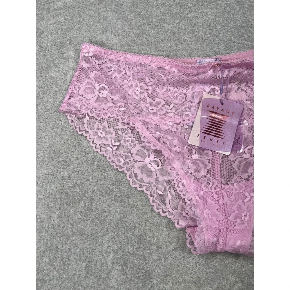 Savage X Fenty Lace Bikini Panties 1X Pink Floral Scalloped Sheer Lingerie New
